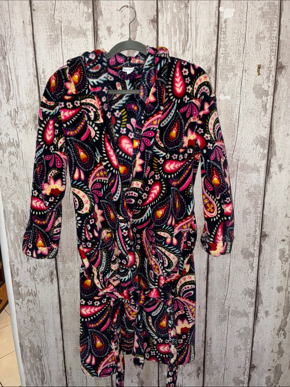 Vera Bradley Black Paisley Plush Hooded House Coat with Pink & Orange Accents